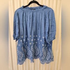 NWOT Renee C. Sky Blue Blouse with White Embroidery